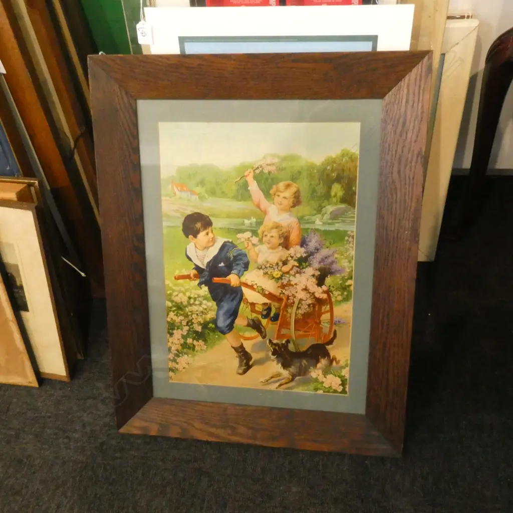 EDWARDIAN CHROMOLITHOGRAPH; CHILDREN & CART 500x350mmmm, OAK FRAME Image 1++