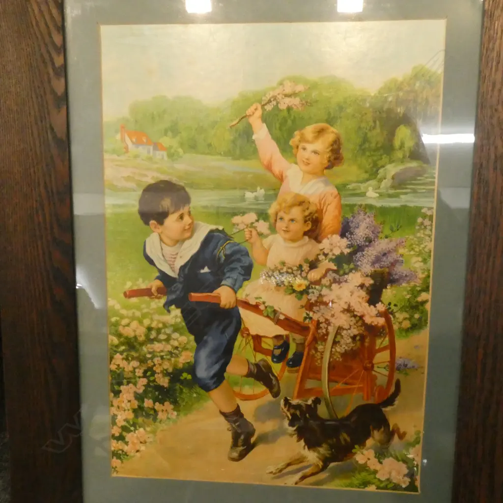EDWARDIAN CHROMOLITHOGRAPH; CHILDREN & CART 500x350mmmm, OAK FRAME Image 1++