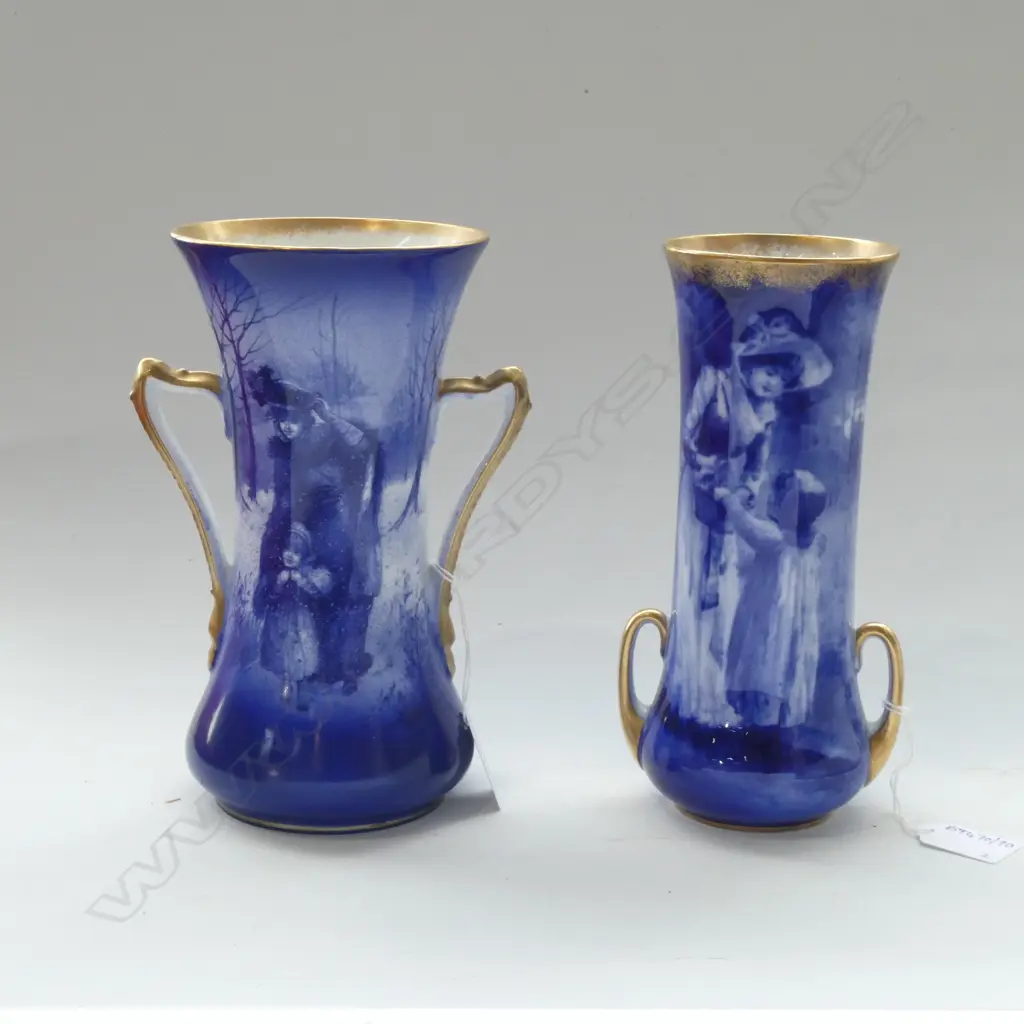 2 ROYAL DOULTON BLUE CHILDREN VASES; EACH 2 HANDLED, 1 RESTORED H.210mm Image 1++