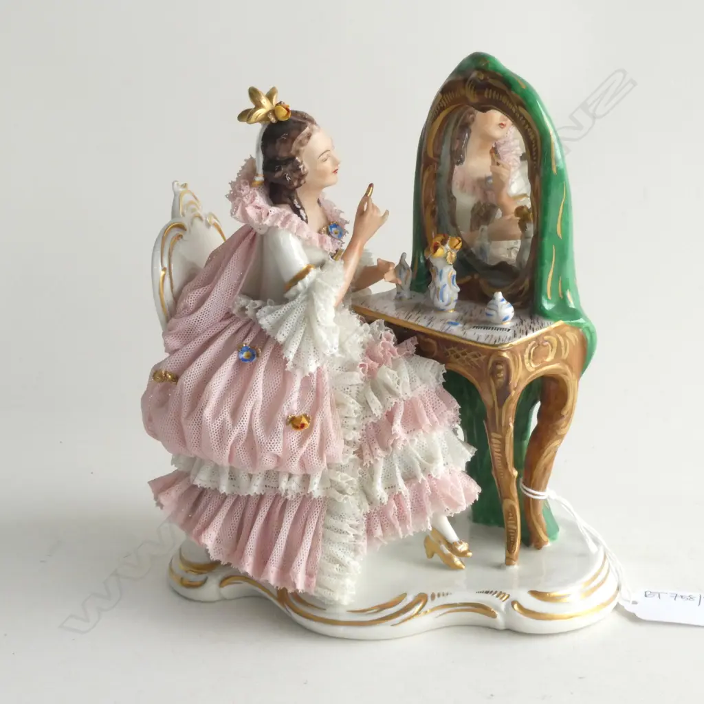 DRESDEN FIGURINE; LADY AT DRESSING TABLE H.190mm SOME FAULTS Image 1++