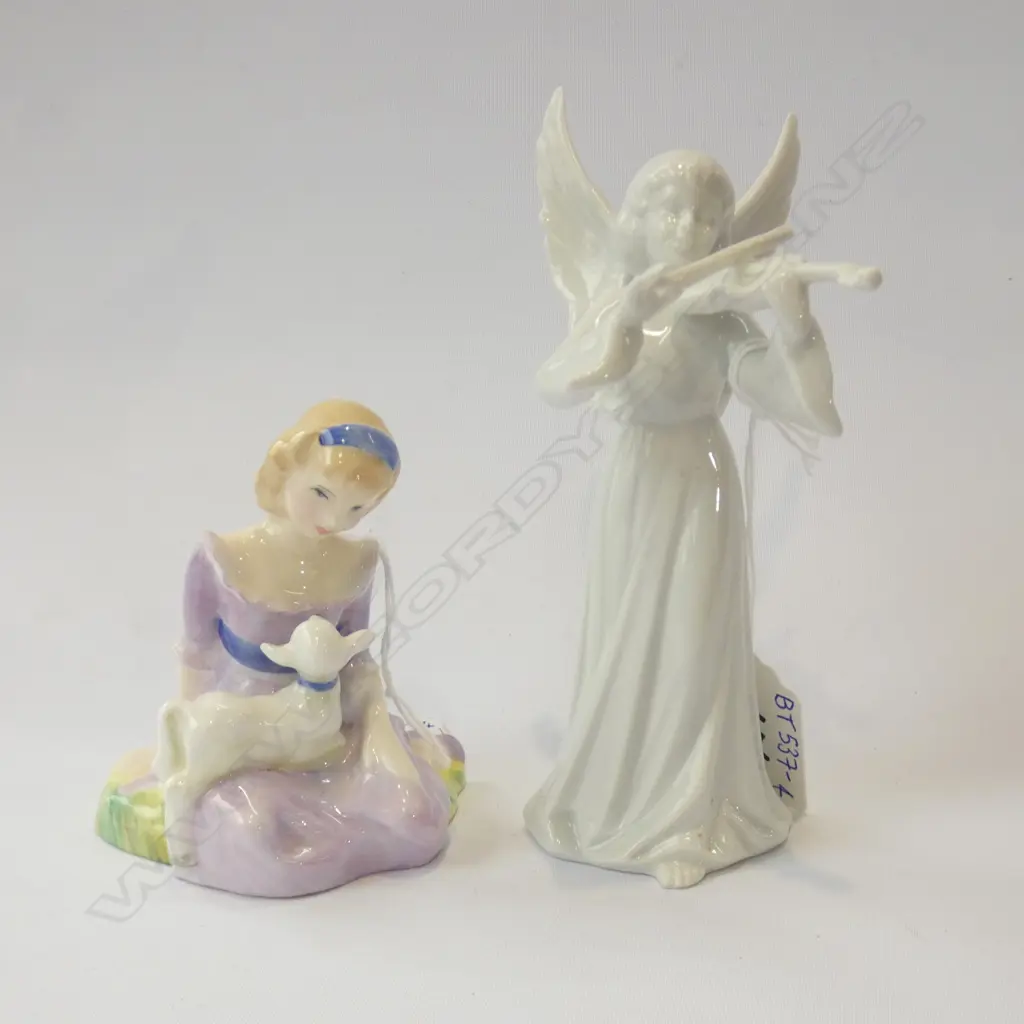 2 FIGURINES; ROYAL DOULTON 'MARY HAD A LITTLE LAMB' (H100MM) DRESDEN WHITE VIOLIN PLAYING ANGEL (H140MM) Image 1++