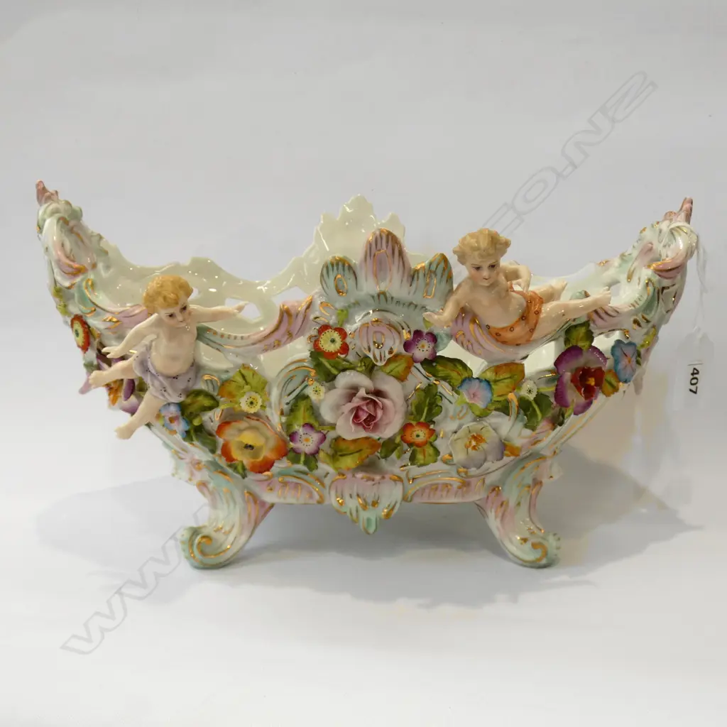 EARLY 1900'S ANTIQUE GERMAN BOWL ENCRUSTED WITH PORCELAIN FLOWERS & APPLIED CHERUBS 285 X 200MM Image 1++