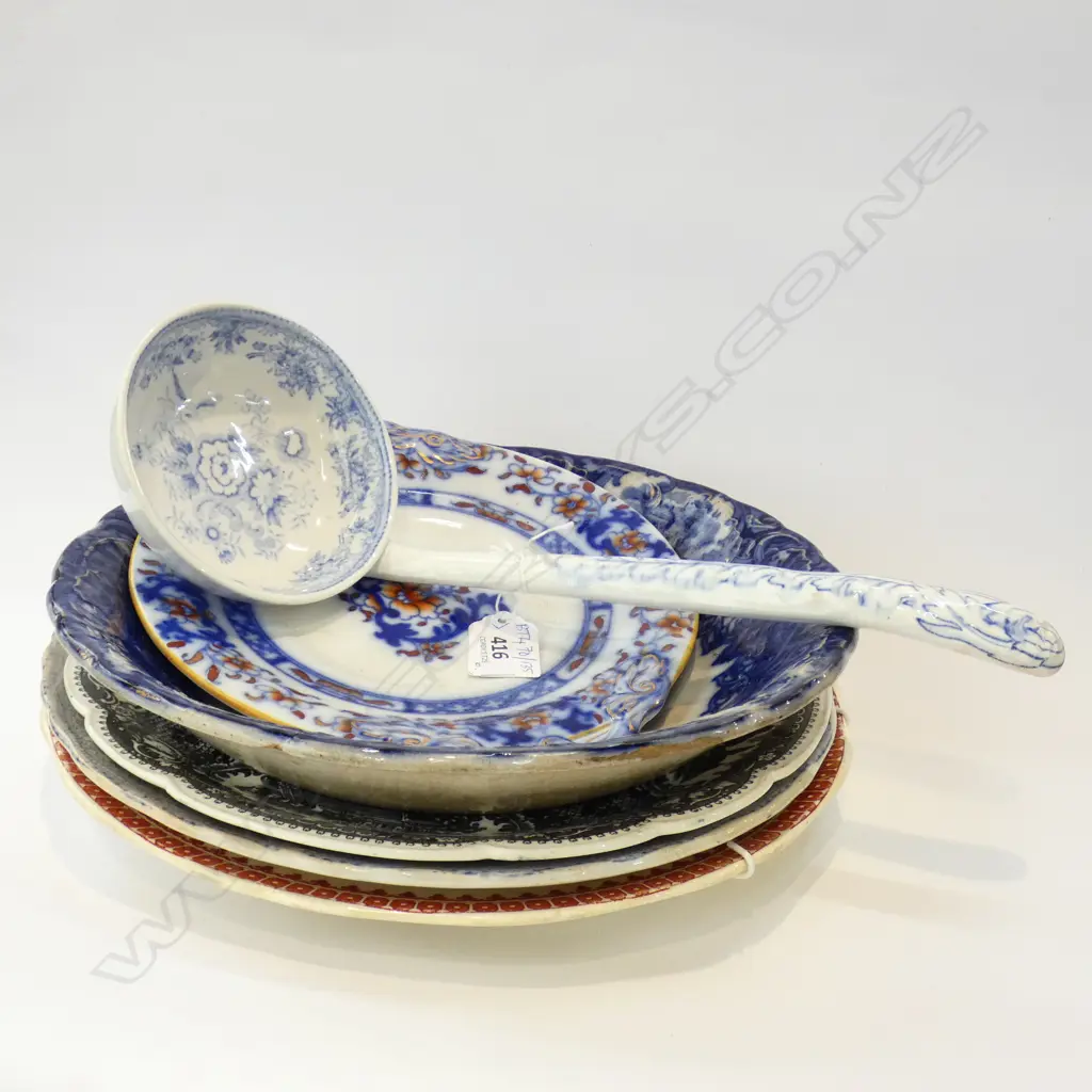 6 PCES ANTIQUE CHINA; 4 PLATES (SOME AF) + BOWL & LADLE Image 1++