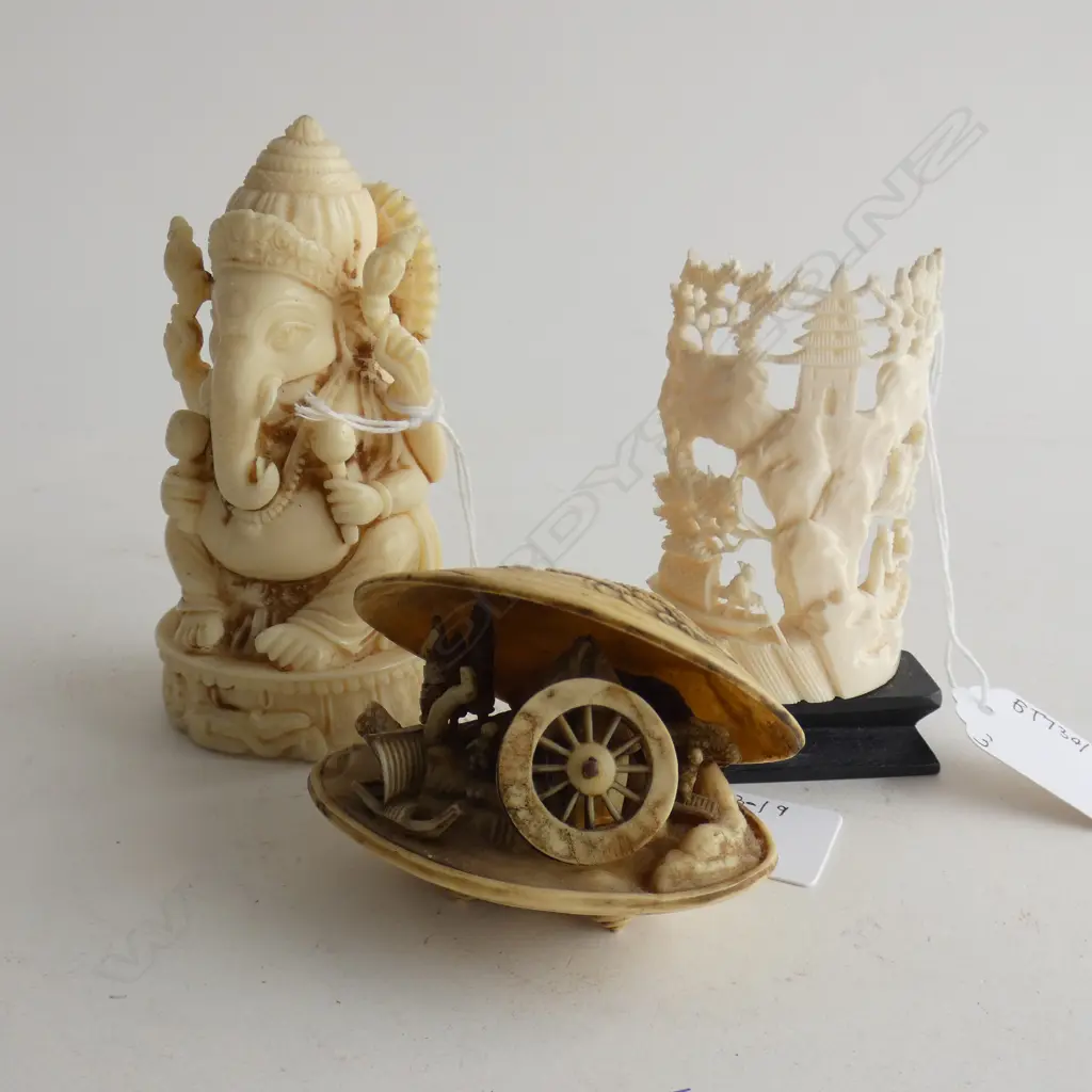 THREE CARVED BONE & PLASTIC FIGURES, GANESH, SHELL SCENE & TEMPLE SCENE, LARGEST H. 105mm Image 1++