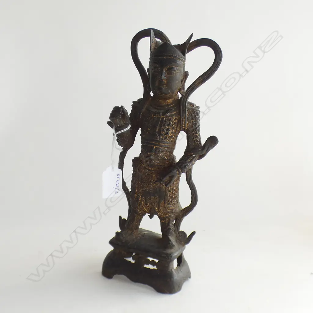 GILT BRONZE STATUE, STANDING WARRIOR, WITH REMNANT GILT Image 1++