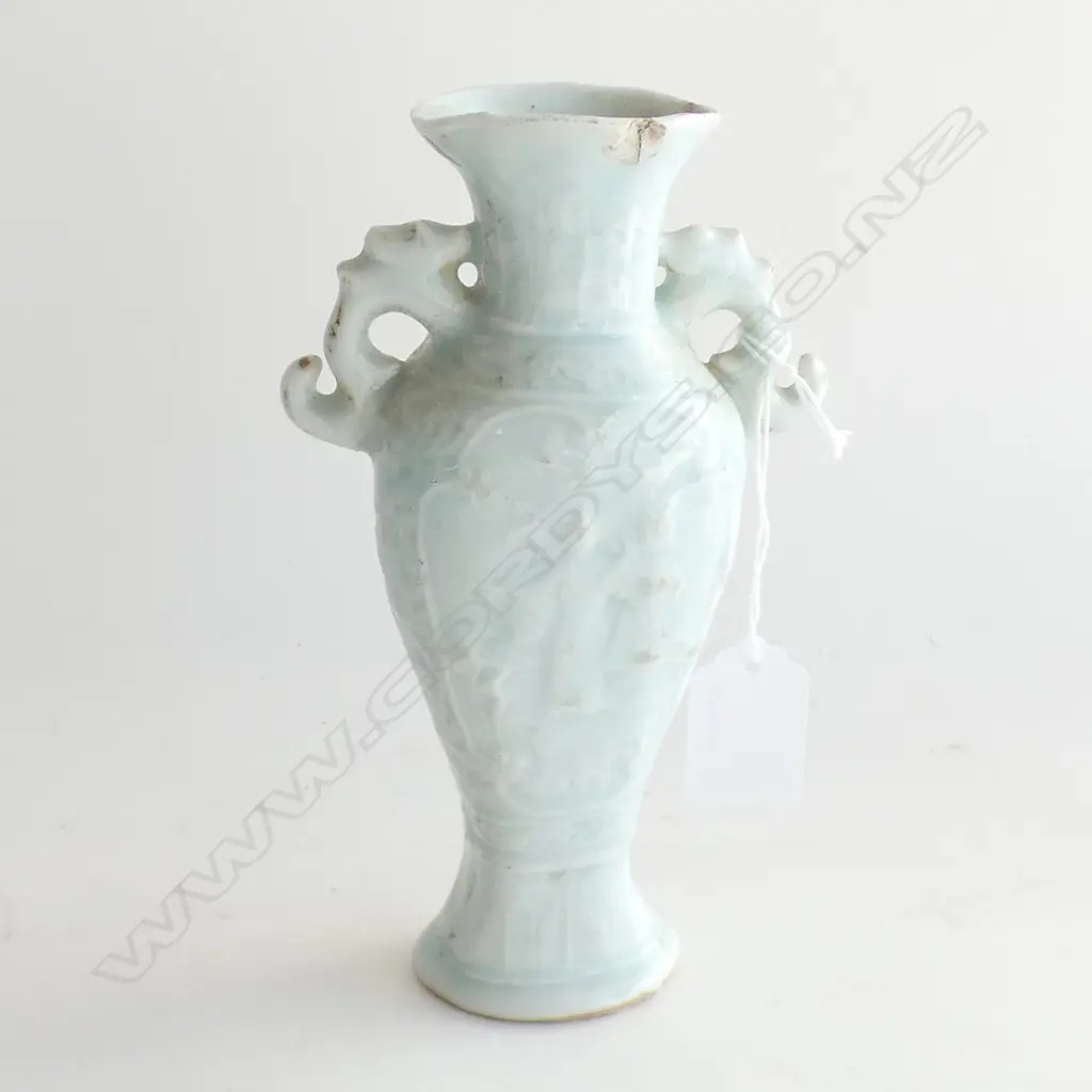 OLD CHINESE QINGBAI VASE (FISH HANDLES). rim chip Image 1++