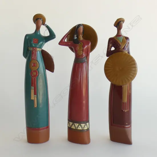 3 TERRACOTTA PAINTED POTTERY ORIENTAL LADIES H.  295MM