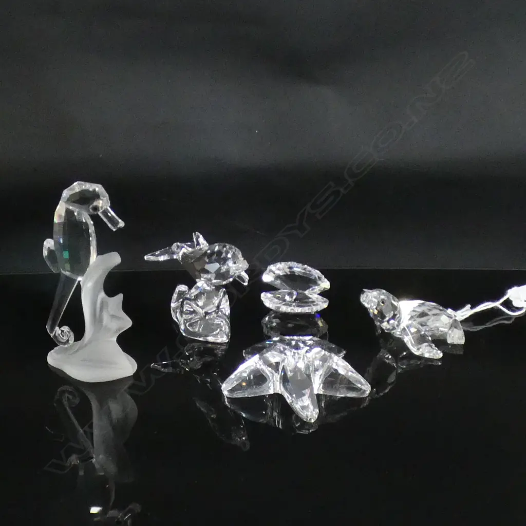 5 SWAROVSKI CRYSTAL SEA CREATURES; DOLPHIN (L64MM) SEAHORSE (H78MM)STAR FISH,OYSTER SHELL & SEAL  EACH IN ORIGINAL BOX  Image 1++