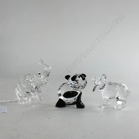 3 SWAROVSKI CRYSTAL ANIMALS; PANDA BEAR (L45MM) ELEPHANT (L65MM) & GRIZZLY BEAR W  FISH (L55MM) EACH IN ORIGINAL BOX