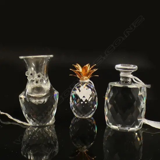 3 SWAROVSKI CRYSTAL; ORNAMENTAL SCENT BOTTLE (H65MM) MINI VASE (H70MM) & GOLD LEAF PINEAPPLE (H60MM) EA IN ORIGINAL BOX