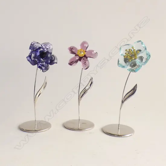 3 SWAROVSKI CRYSTAL FLOWERS WITH STANDS H100MM - EACH IN  ORIGINAL BOX