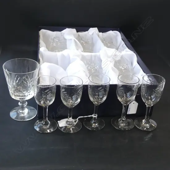 BOXED SET 6 CRYSTAL GLASSES + 5 EDWARDIAN ETCHED GLASSES 