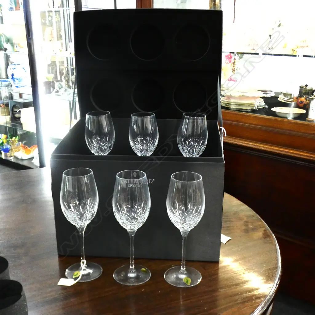 6 WATERFORD LISMORE WINE GLASSES, CASED  Image 1++