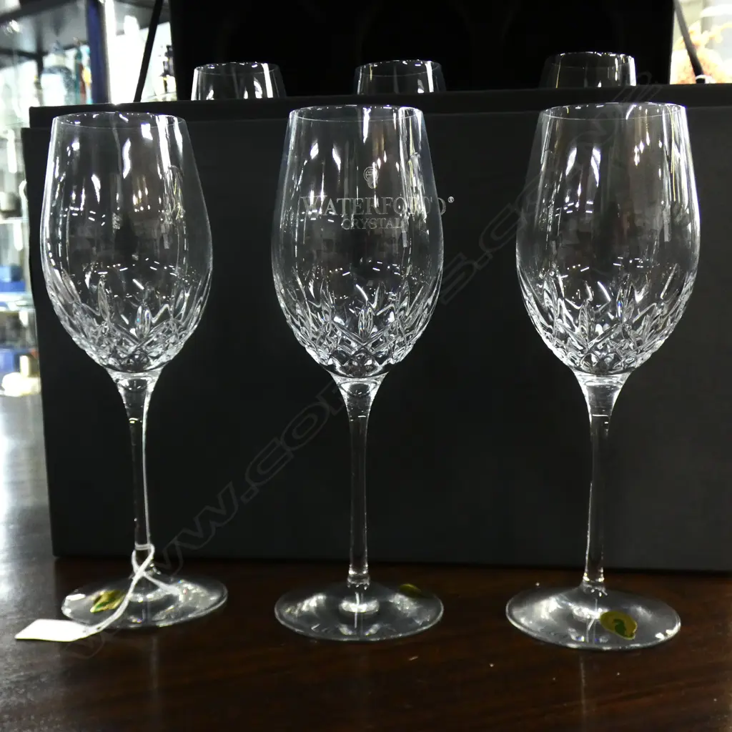 6 WATERFORD LISMORE WINE GLASSES, CASED  Image 1++