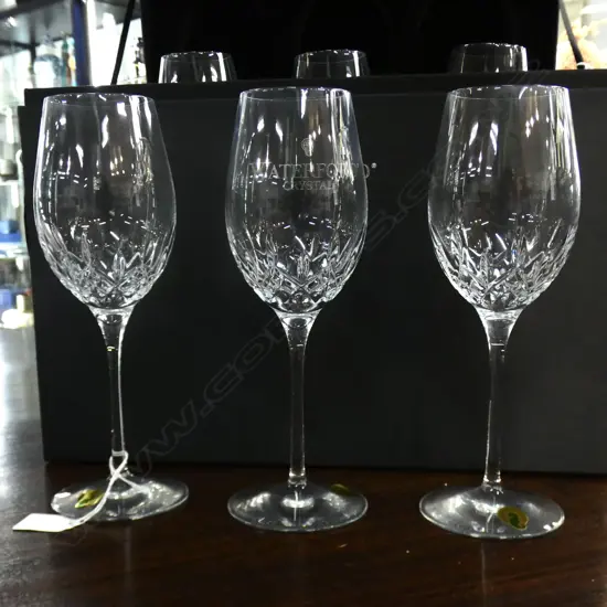6 WATERFORD LISMORE WINE GLASSES, CASED 