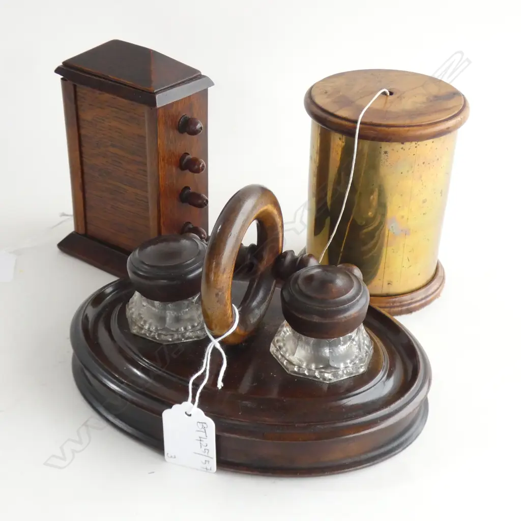 TREEN DOUBLE INKWELL, DESK CALENDAR, STRING HOLDER H.115mm Image 1++
