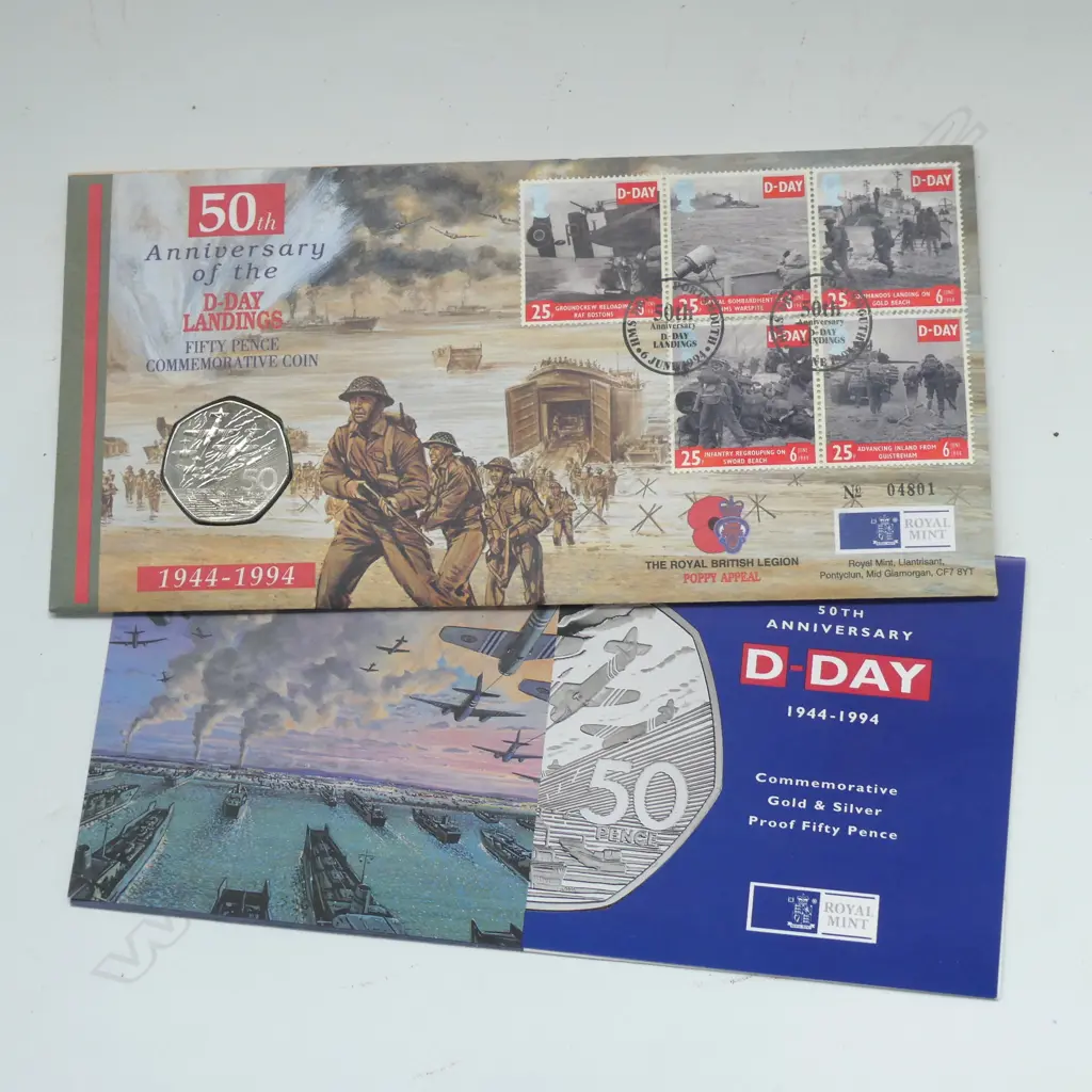 50TH ANNIVERSAY OF D-DAY LANDINGS - FIFTY PENCE COMMEMORATIVE COIN / FIRST DAY COVER Image 1++