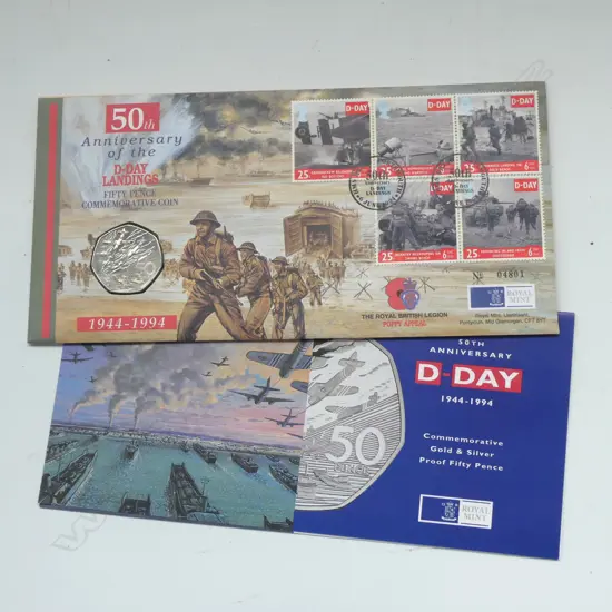 50TH ANNIVERSAY OF D-DAY LANDINGS - FIFTY PENCE COMMEMORATIVE COIN / FIRST DAY COVER