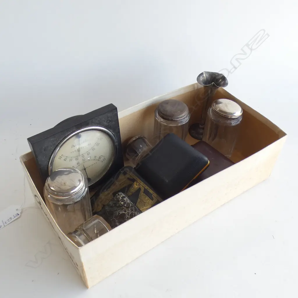 BOX LOT ASST. CRYSTAL CONTAINERS, 2 CASED CLOCKS, BAROMETER ETC Image 1++