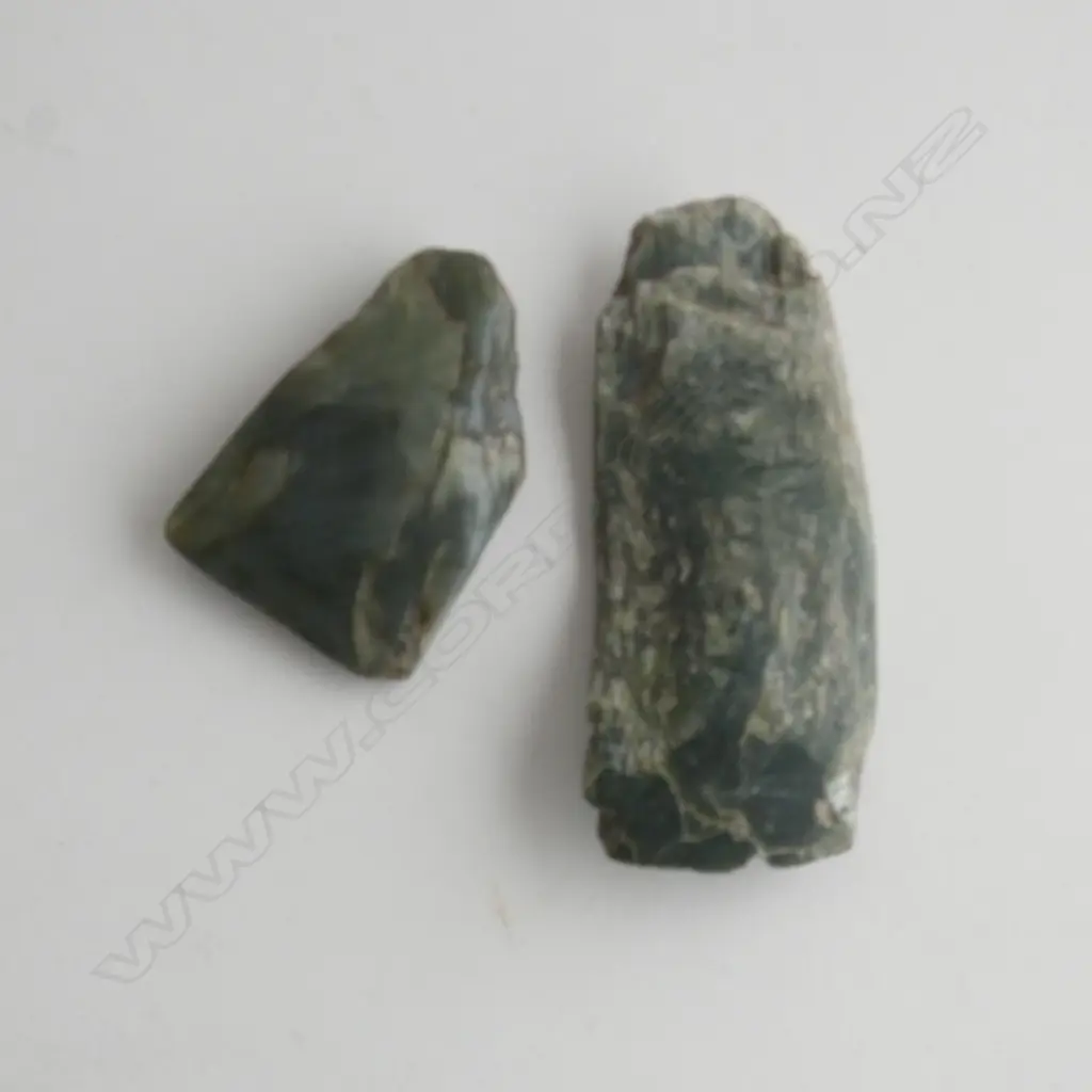 Y21566 + Y21412; 2 POUNAMU TOKI (GREENSTONE ADZE)... Image 1++