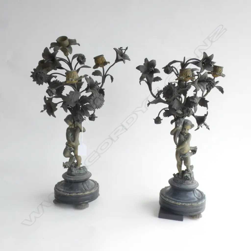 PAIR 19THC BRASS/MARBLE/BRONZED BRASS CANDELABRA (one foot missing) Image 1++