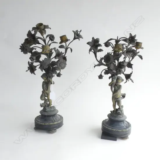 PAIR 19THC BRASS/MARBLE/BRONZED BRASS CANDELABRA (one foot missing)