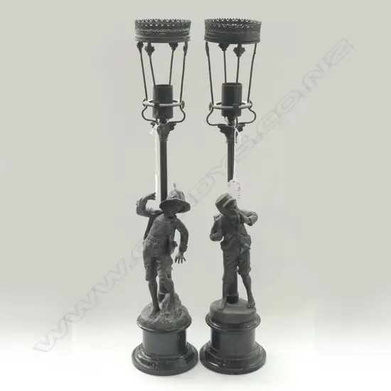 PAIR SPELTER FIGURAL LAMPS.DEPICTING A MESSAGE BOY AND POSTBOY BY A STREETLAMP 590MM HIGH SANS SHADES