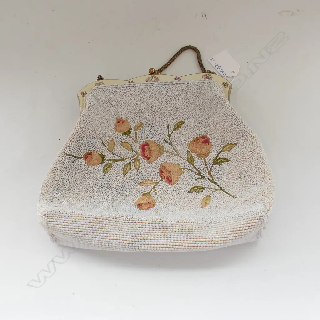 BEADED BAG WITH EMBROIDERED PINK ROSES -  Image 1++