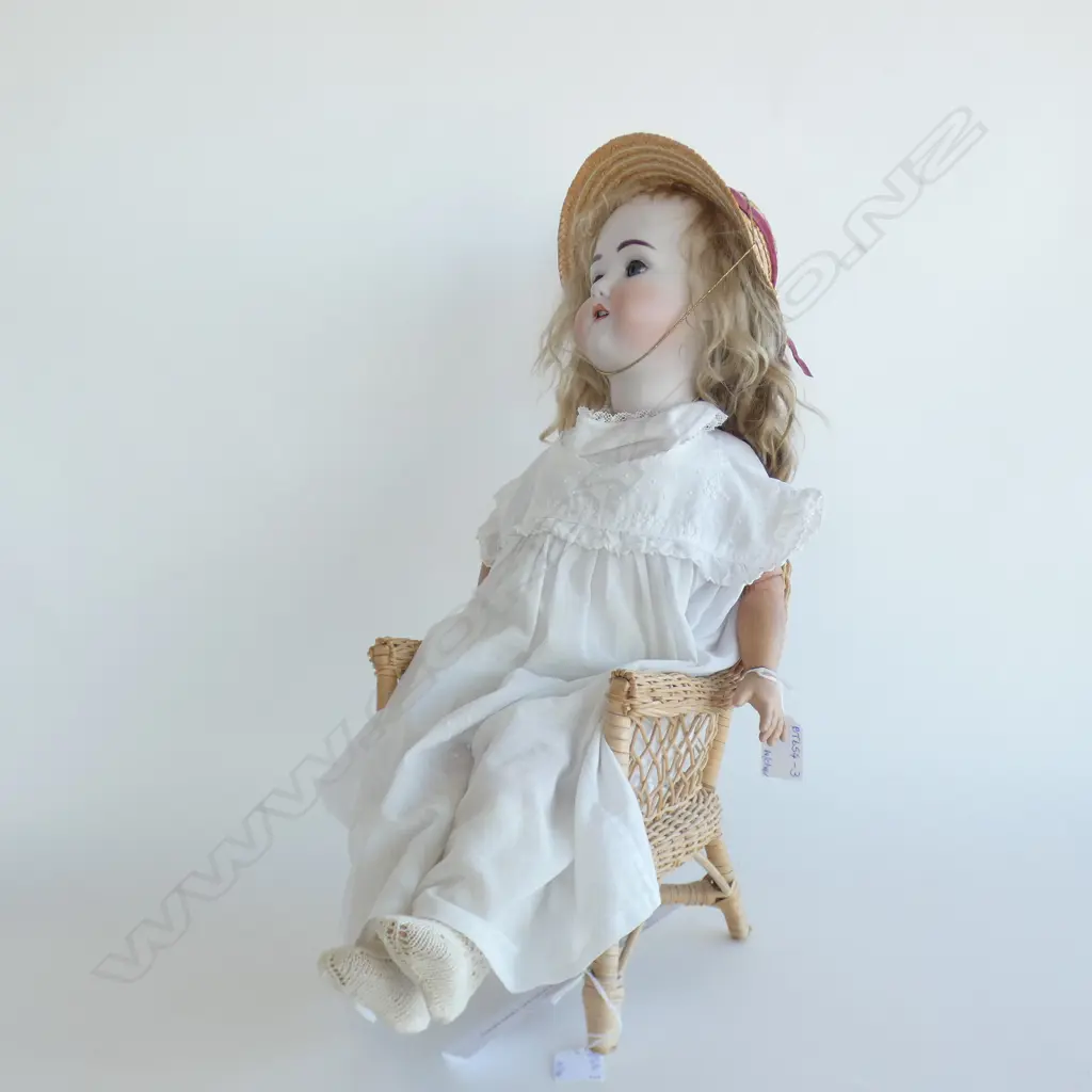 GERMAN SCHOENAU & HOFFMEISTER PORCELAIN DOLL - JOINTED ARMS & LEGS  (L 600MM) C1909  - WITH CANE CHAIR  Image 1++
