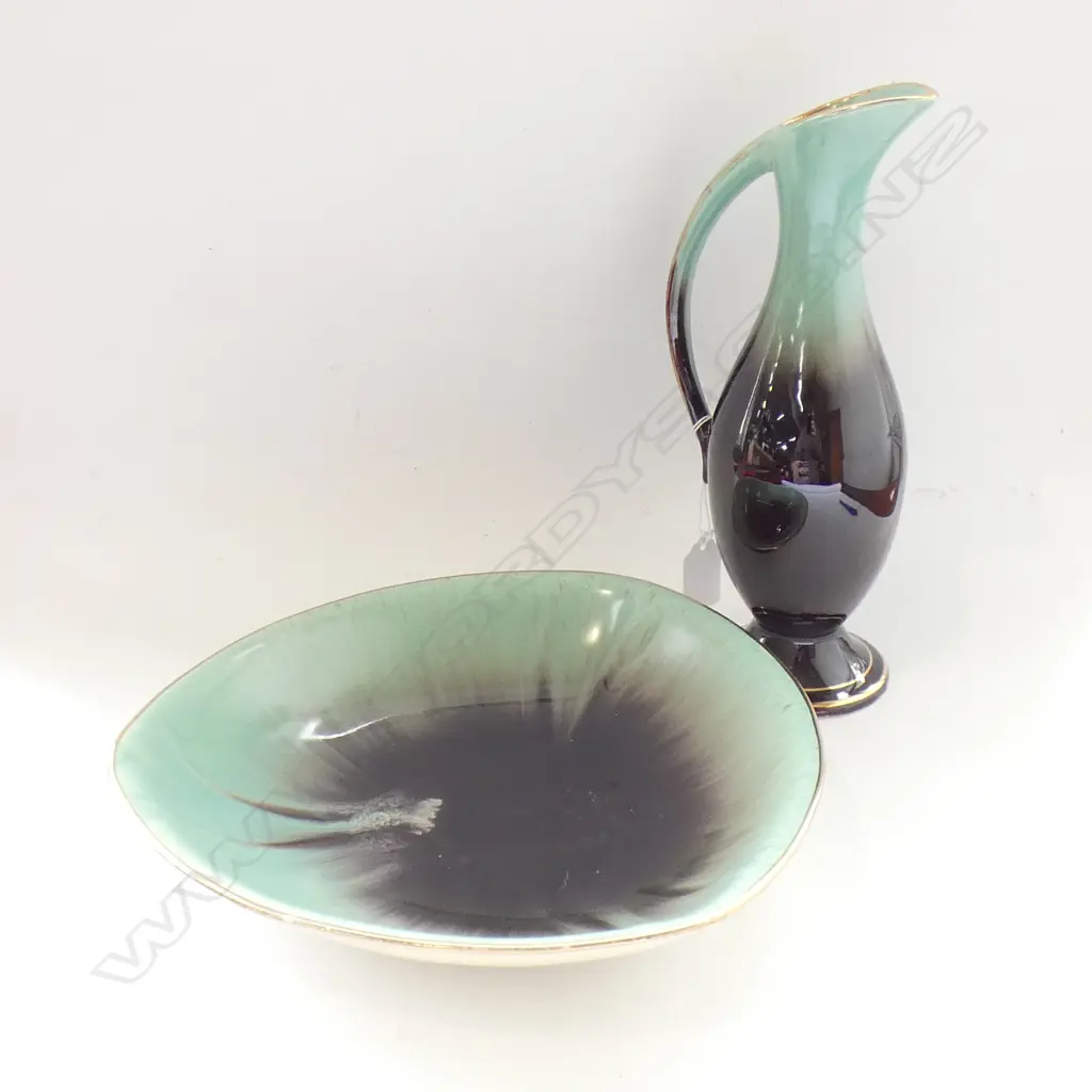 MID CENTURY GERMAN GREEN & BROWN GLAZED POTTERY JUG (H 260MM) & BOWL (DIA 260MM) Image 1++