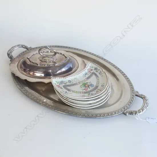 LARGE EP TRAY L.630mm, LIDDED EP SERVING DISH, 6 CRESENT SHAPED SIDE PLATES