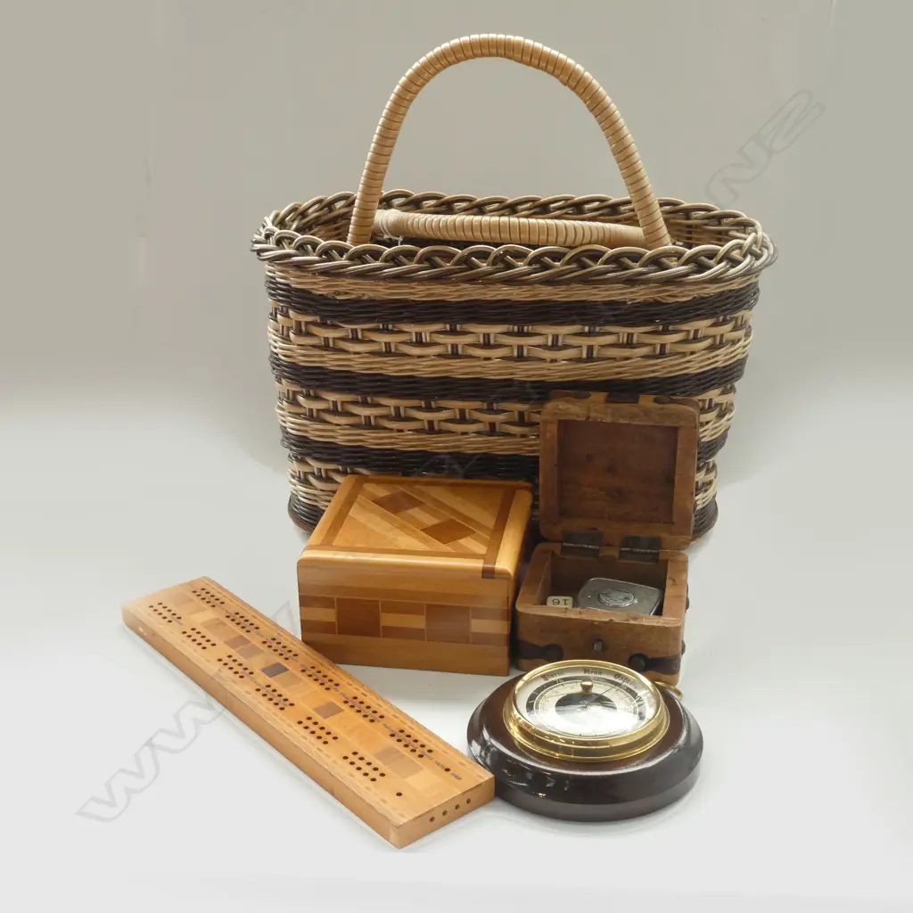 WOVEN SHOPPING BASKET OF MISC INCL NZ WOOD ITEMS ETC.. Image 1++