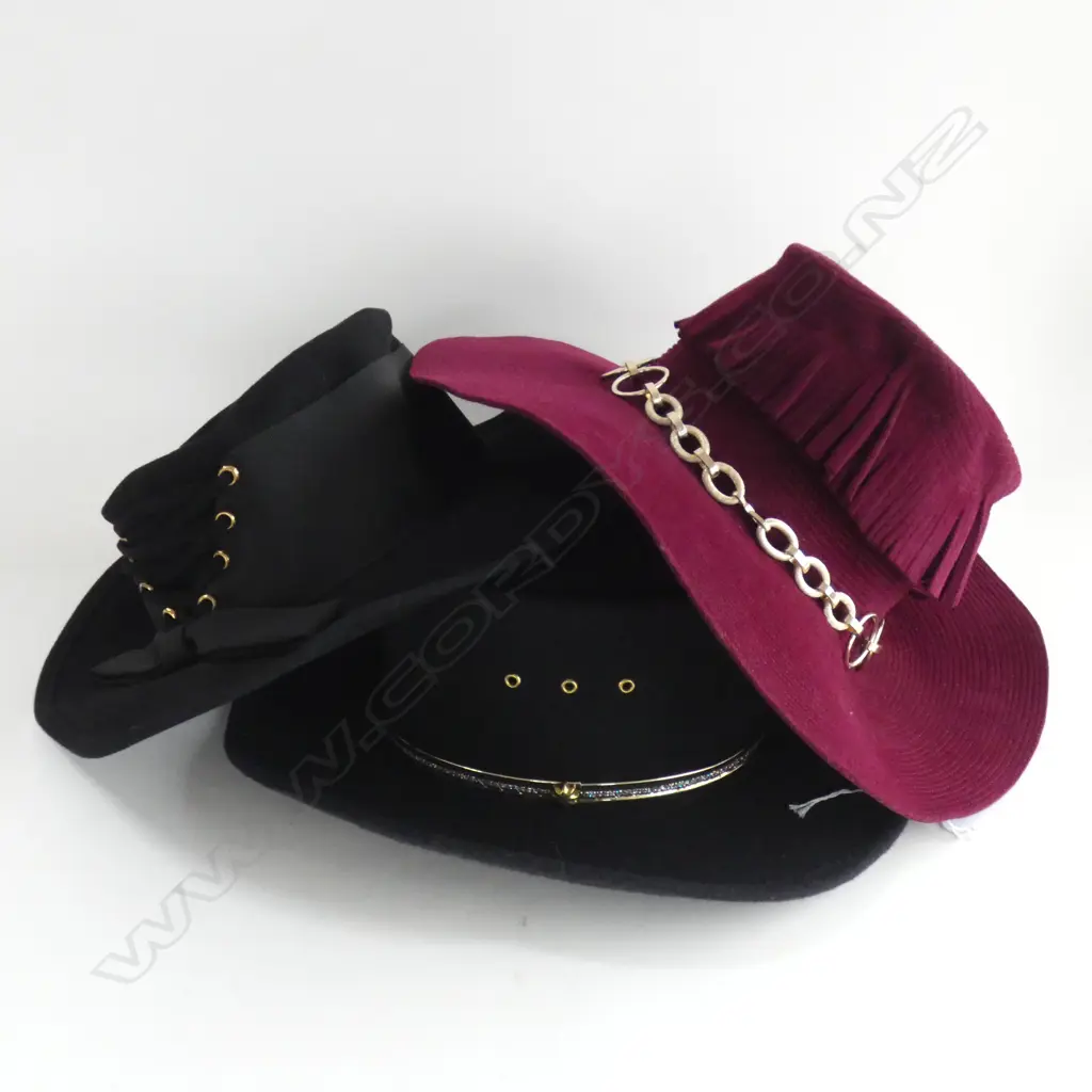 3 ASST LADIES HATS; BLACK & MAROON FELT & BLACK TEXAN SUMMIT HAT W FANCY BAND Image 1++