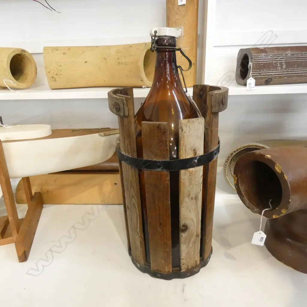 LG OLD AMBER GLASS BOTTLE IN WOODEN CASE H.540MM Image 1++