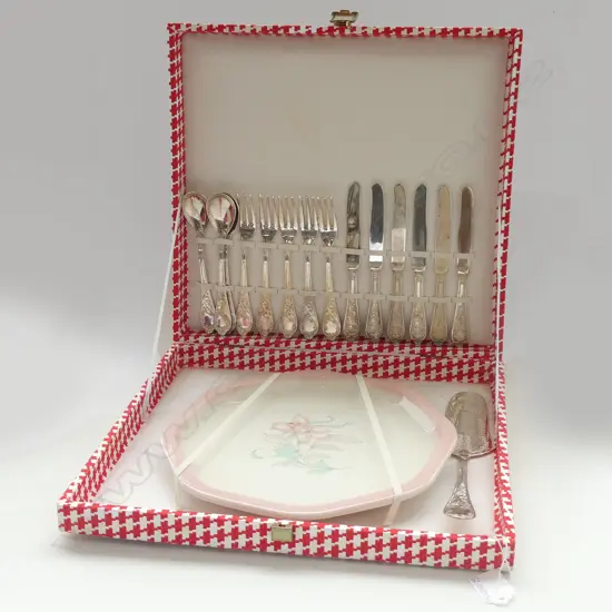 BOXED CAKE PLATE & SILVER PLATE CUTLERY & SERVER - INCOMPLETE