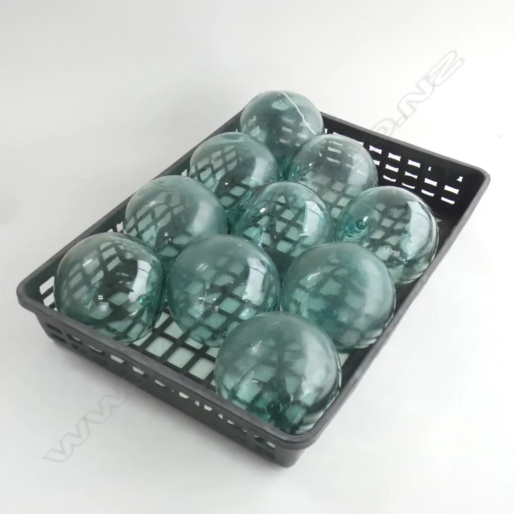 TRAY OF 10 OLD GLASS FISHING FLOATS MED/SMALL SIZE Dia.120mm Image 1++
