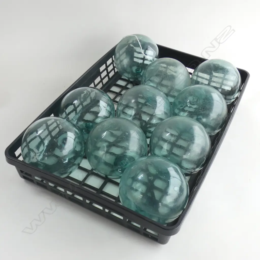 TRAY OF 10 OLD GLASS FISHING FLOATS MED/SMALL SIZE Dia.120mm Image 1++