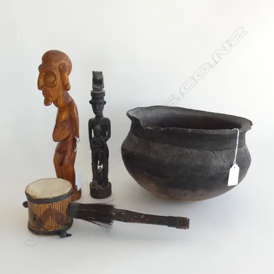 CARVED EASTER ISLAND FIGURE/DRUM /CARVED FIGURE AND SKULL BOWL A/F D 230 MM