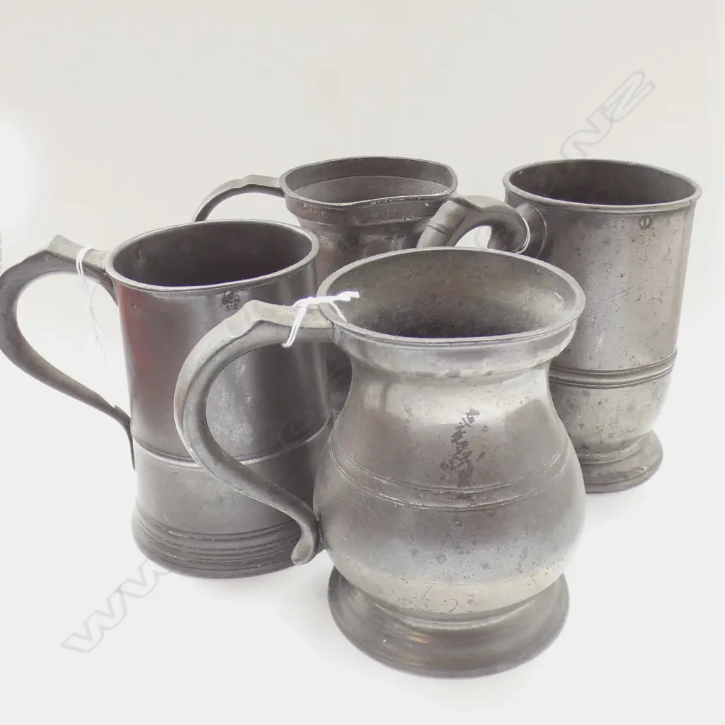 4 VICTORIAN PEWTER QUART MUGS; BALUSTER & STRAIGHT SIDED Image 1++
