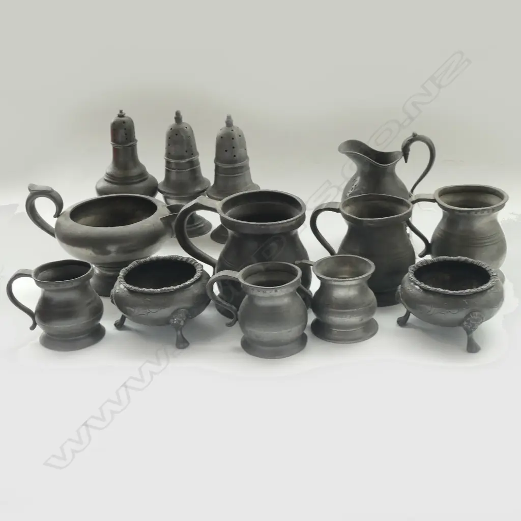 13 PCES ASST. ANTIQUE PEWTER SMALL TANKARDS, PEPPERETTES, SALTS ETC Image 1++