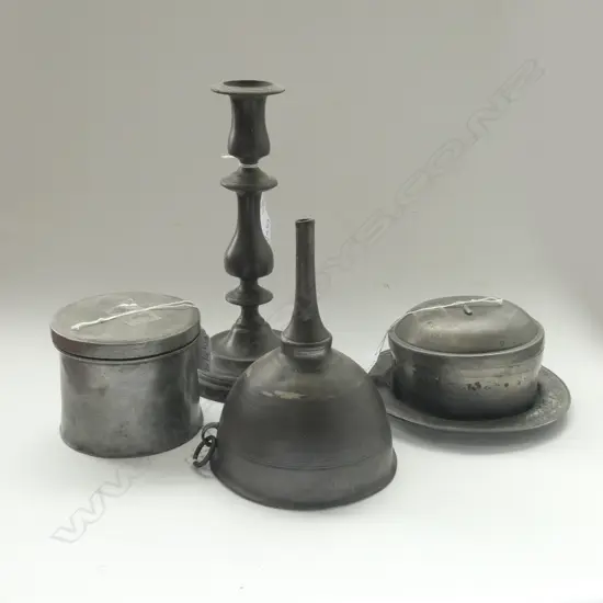 4 ANTIQUE PEWTER ITEMS; CANDLESTICK, FUNNEL & 2 LIDDED BOXES