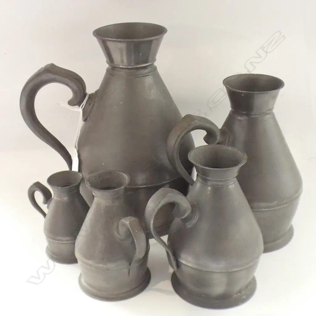 SET OF 5 GRADUATED IRISH ANTIQUE PEWTER MEASURES H.190mm  Image 1++