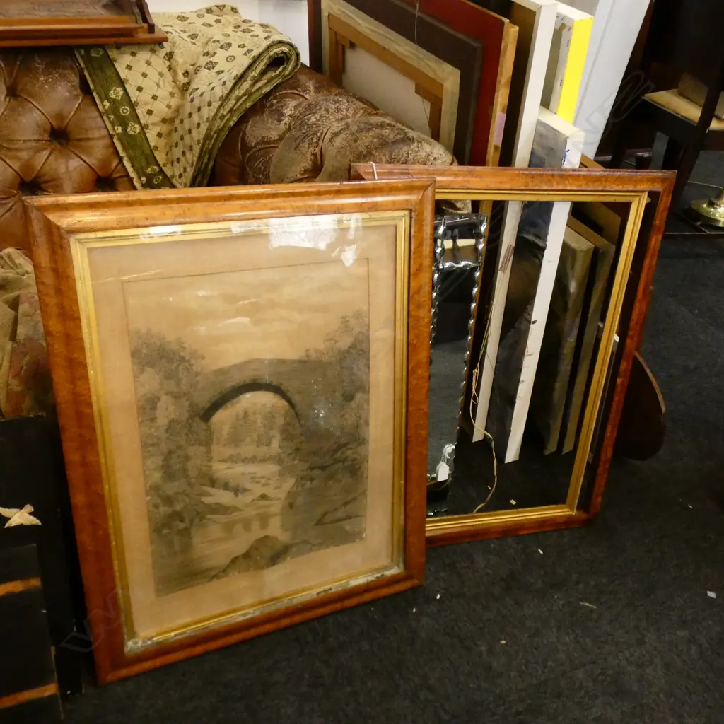 2 LARGE BIRDS EYE MAPLE FRAMES, 1 w. PENCIL BRIDGE DRAWING 590x450mm Image 1++