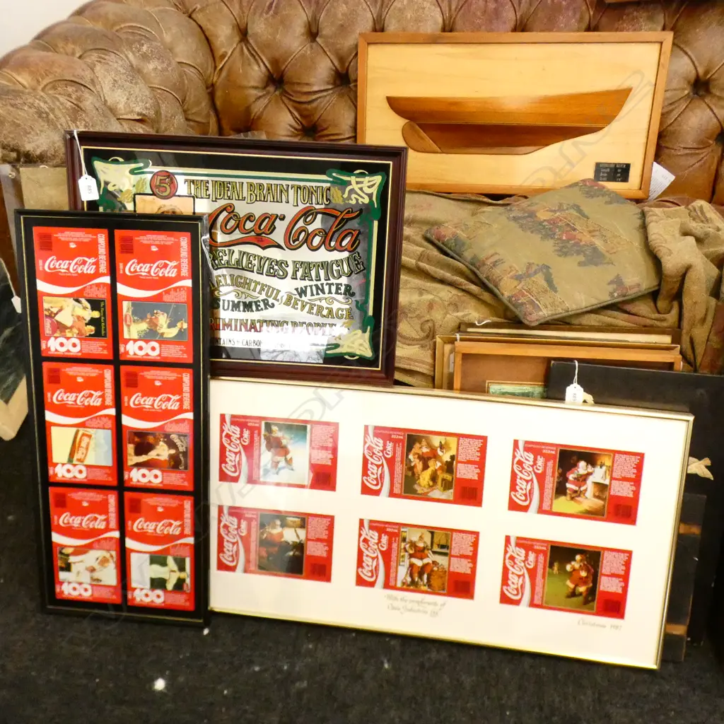 3 PCES COCA COLA MEMORABILIA; 2 FRAMED BOTTLE WRAPS + MIRROR 310x450mm Image 1++
