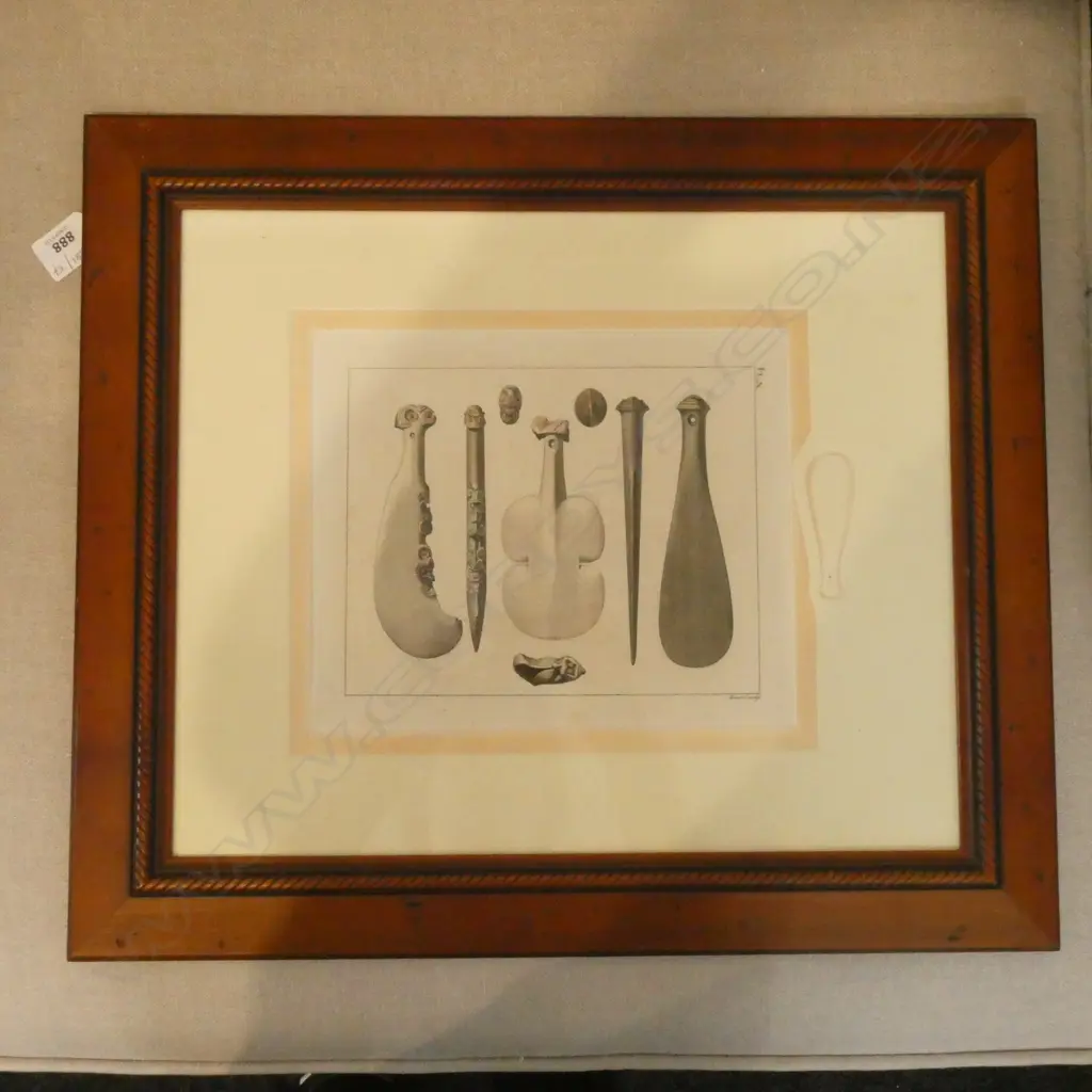 FRAMED ANTIQUE ENGRAVING; MAORI WEAPONS 195x235mm Image 1++