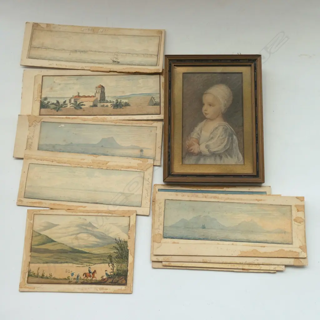 9 SMALL EUROPEAN W/COLORS ON CARD PLUS WATERCOLOR OF CHILD (INITIALLED) Image 1++
