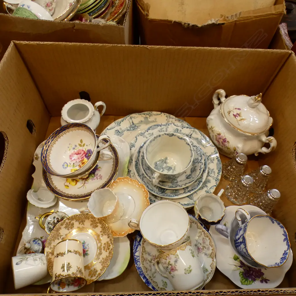 BOX LOT ASST CHINA & GLASS INCL SHELLEY C&S, ROYAL ALBERT,  DELPH ETC.. Image 1++