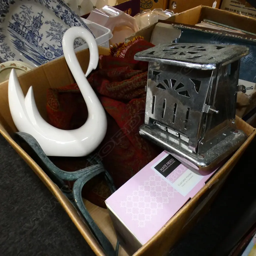 BOX LOT RED FABRIC, SWAN VASE, OLD TOASTER ETC Image 1++