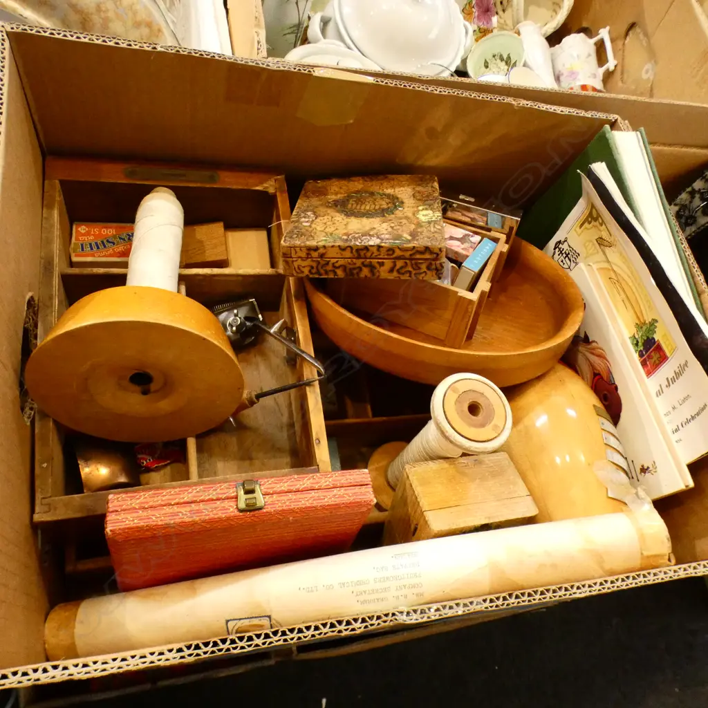 BOX MISC INCL SEWING BOX CONTENTS, OLD BOWLING PIN TROPHY, BOOKS ETC.. Image 1++