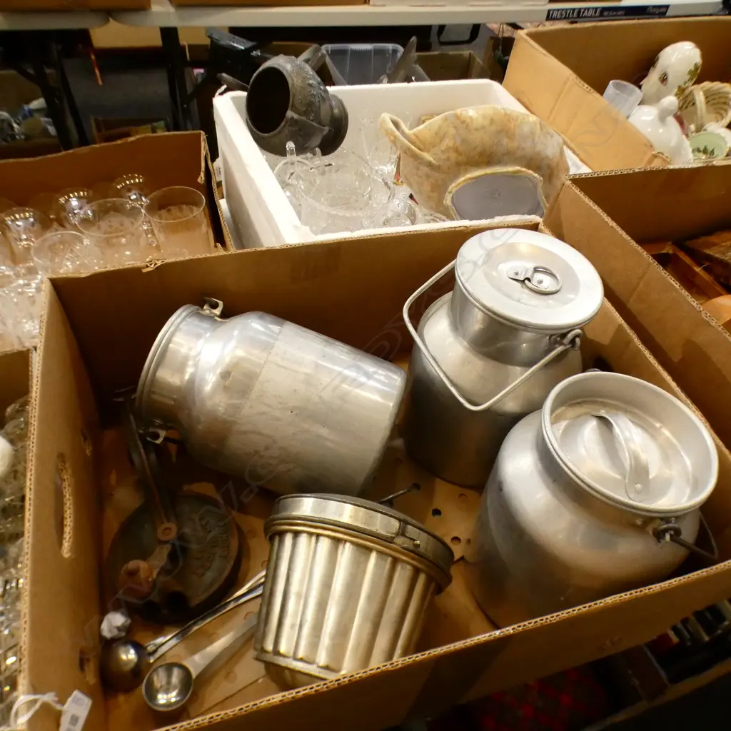 BOX MISC INCL 3 ALUMINIUM MILK BUCKETS W LIDS / OLD METAL BEAN SLICER ETC.. Image 1++